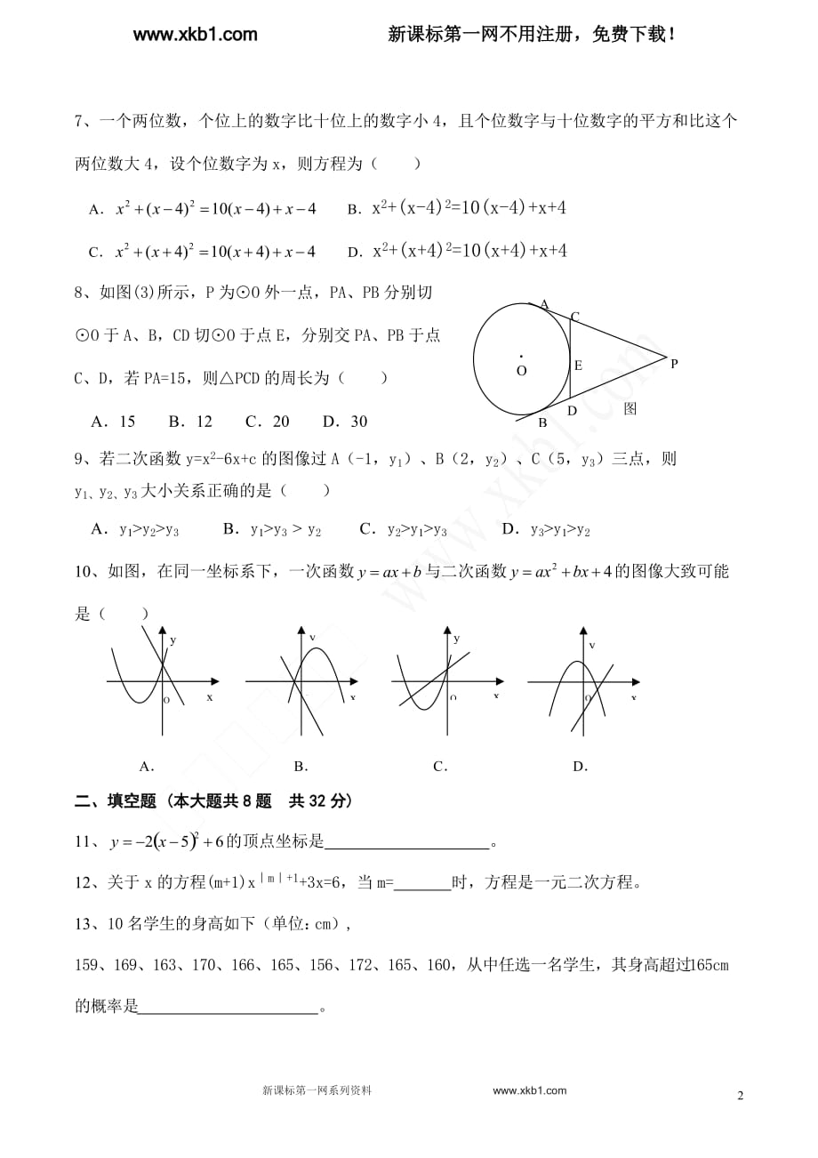 新人教版2014--2015学年第一学期九年级数学期末试卷期末_第2页