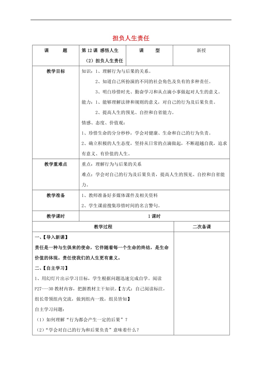 （2016年秋季版）七年级道德与法治下册 第四单元 体悟生命价值 第12课 感悟人生 第2框 担负人生责任教学设计 苏教版_第1页