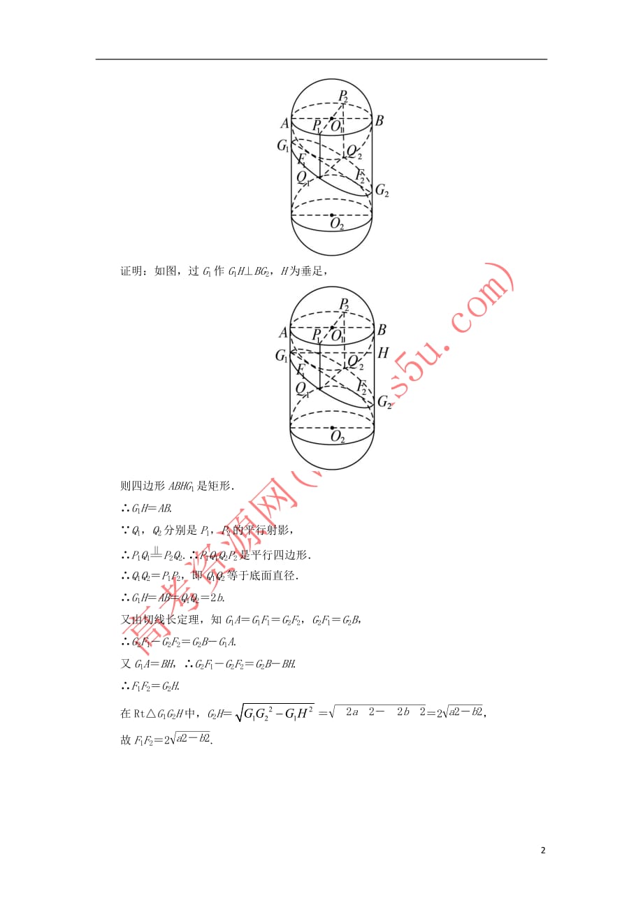 高中数学 第三讲 圆锥曲线性质的探讨 二 平面与圆柱面的截线课堂探究 新人教A版选修4-1_第2页