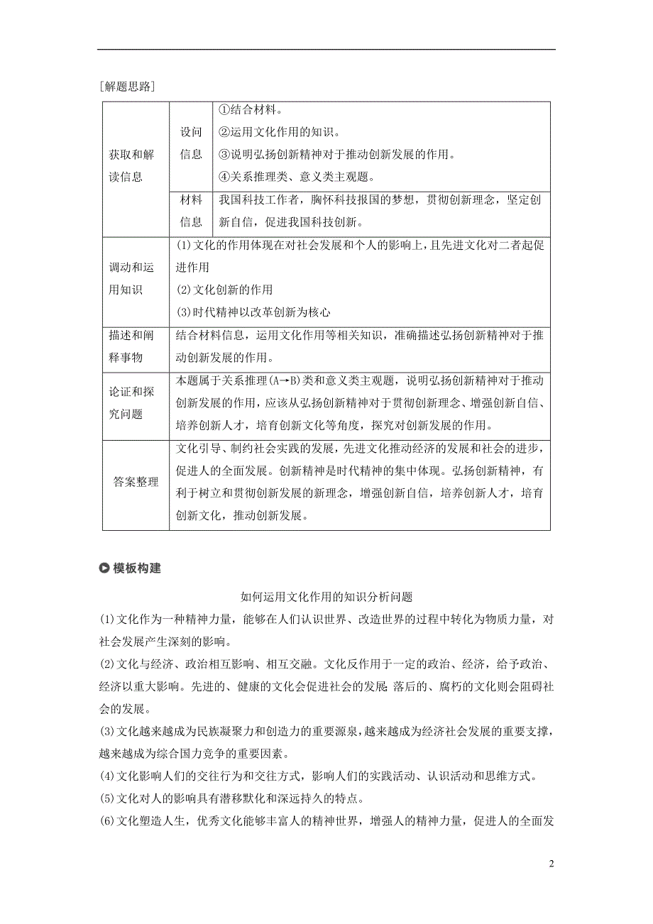 （京津琼）2019高考政治二轮复习 专题八 文化作用与文化发展 第二课时 主观题对文化作用和文化发展的考查学案_第2页