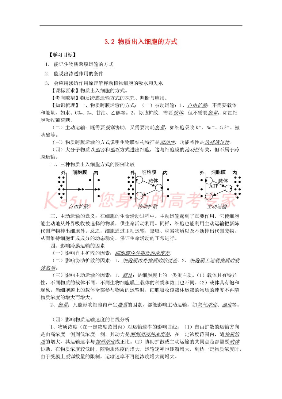 高中生物 第3章 细胞的代谢 3.2 物质出入细胞的方式学案（无答案）浙科版必修1_第1页