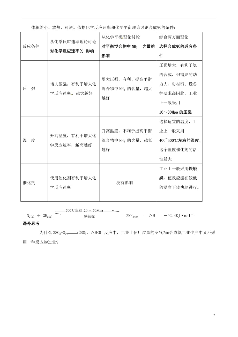 高中化学-第一单元 走进化学工业 课题2 人工固氮技术——合成氨教案 新人教版选修2_第2页