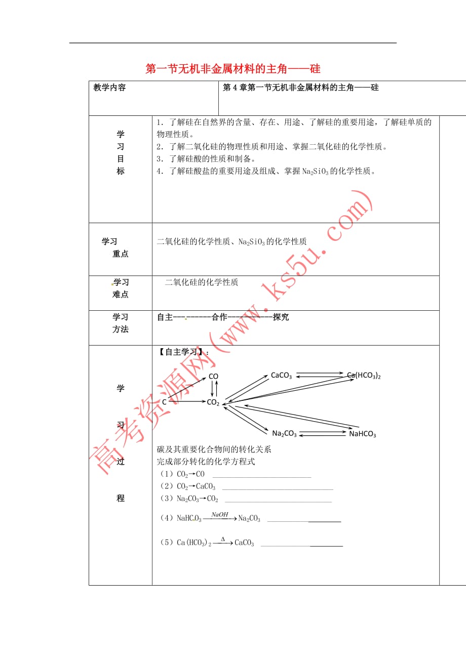 高中化学-第四章 非金属及其化合物 4.1 无机非金属材料的主角—硅学案1 新人教版必修1_第1页