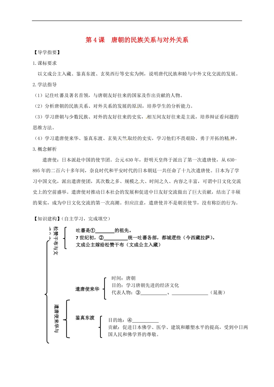 （2016年秋季版）四川省金堂县七年级历史下册 第五单元 第4课 唐朝的民族关系与对外关系导学案（无答案） 川教版_第1页