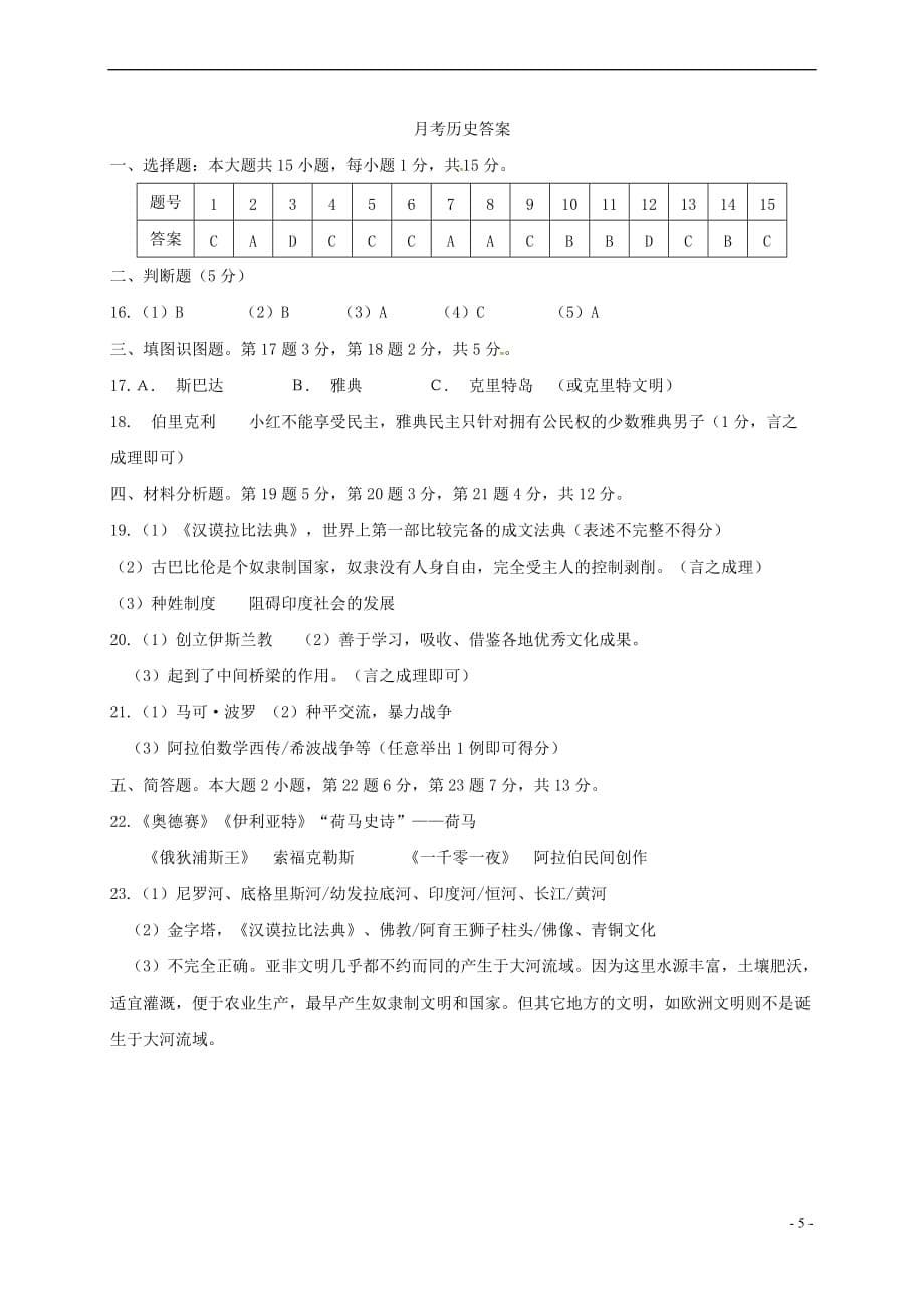 重庆市巫溪县2018届九年级历史上学期第一次月考试题-新人教版_第5页