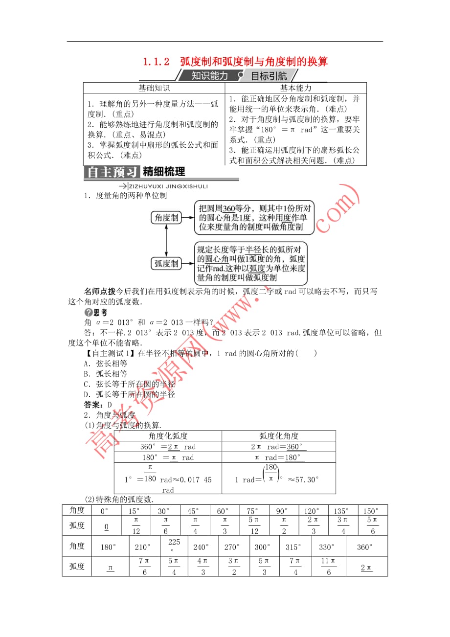 高中数学 第一章 基本初等函数（II）1.1 任意角的概念与弧度制 1.1.2 弧度制和弧度制与角度制的换算学案 新人教B版必修4_第1页