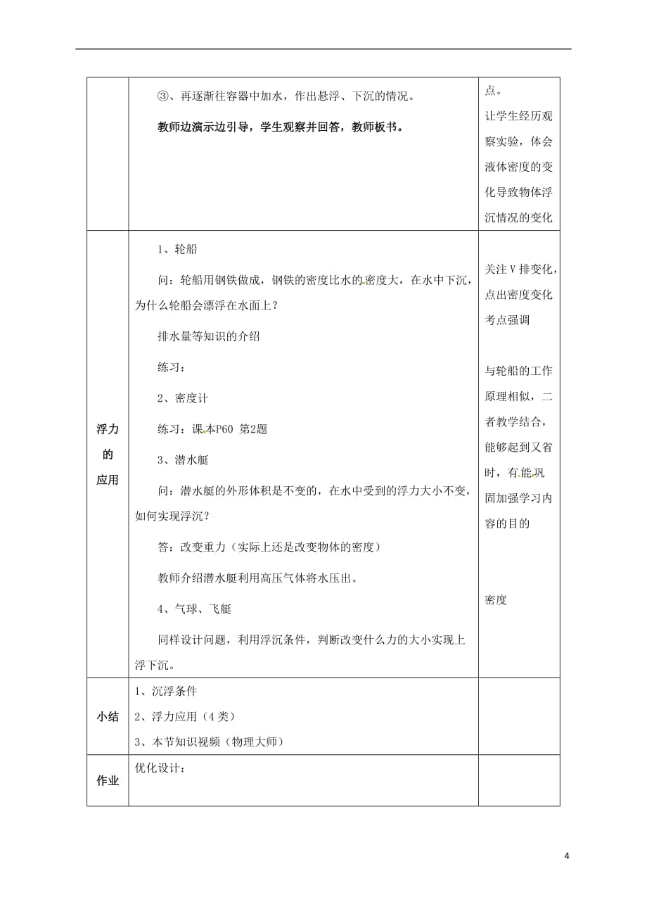 陕西省石泉县八年级物理下册 10.3物体的沉浮条件及运用教学设计 (新版)新人教版_第4页