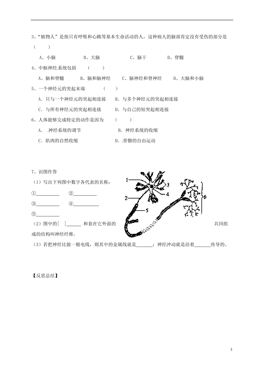 重庆市七年级生物下册 6.2 神经系统的组成学案(无答案)（新版）新人教版_第3页