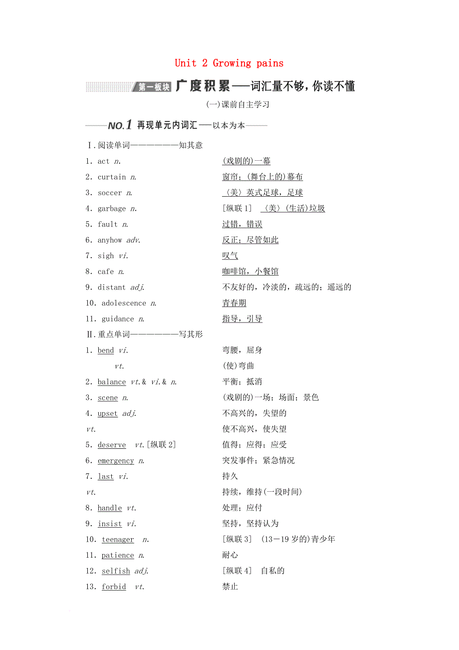 （全国通用）2020高考英语一轮复习 Unit 2 Growing pains讲义（含解析）牛津译林版必修1_第1页