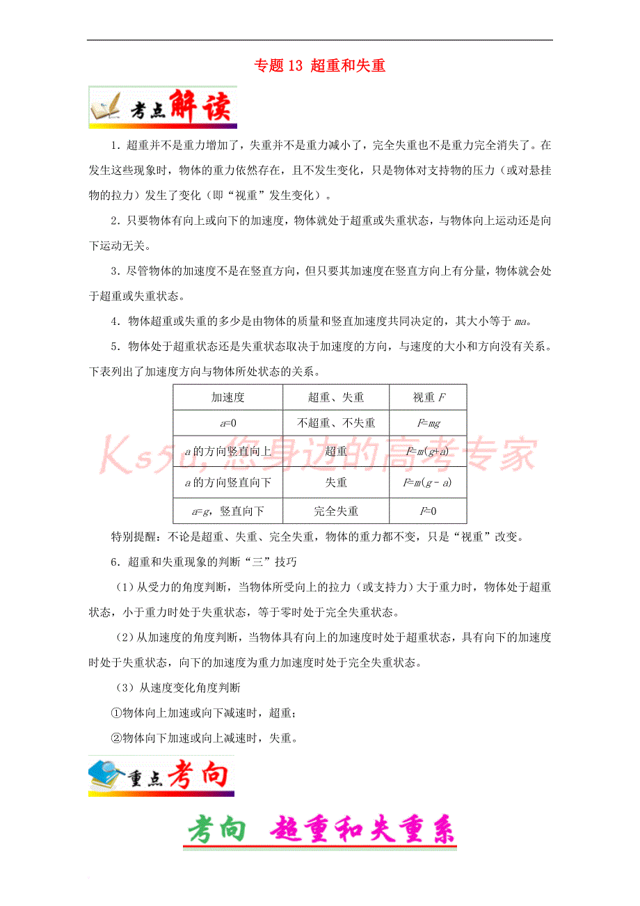 （全国通用）2018年高考物理 考点一遍过 专题13 超重和失重（含解析）_第1页