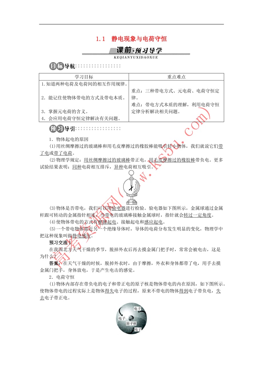 高中物理 第1章 电荷的相互作用 1.1 静电现象与电荷守恒学案 沪科版选修3-1_第1页