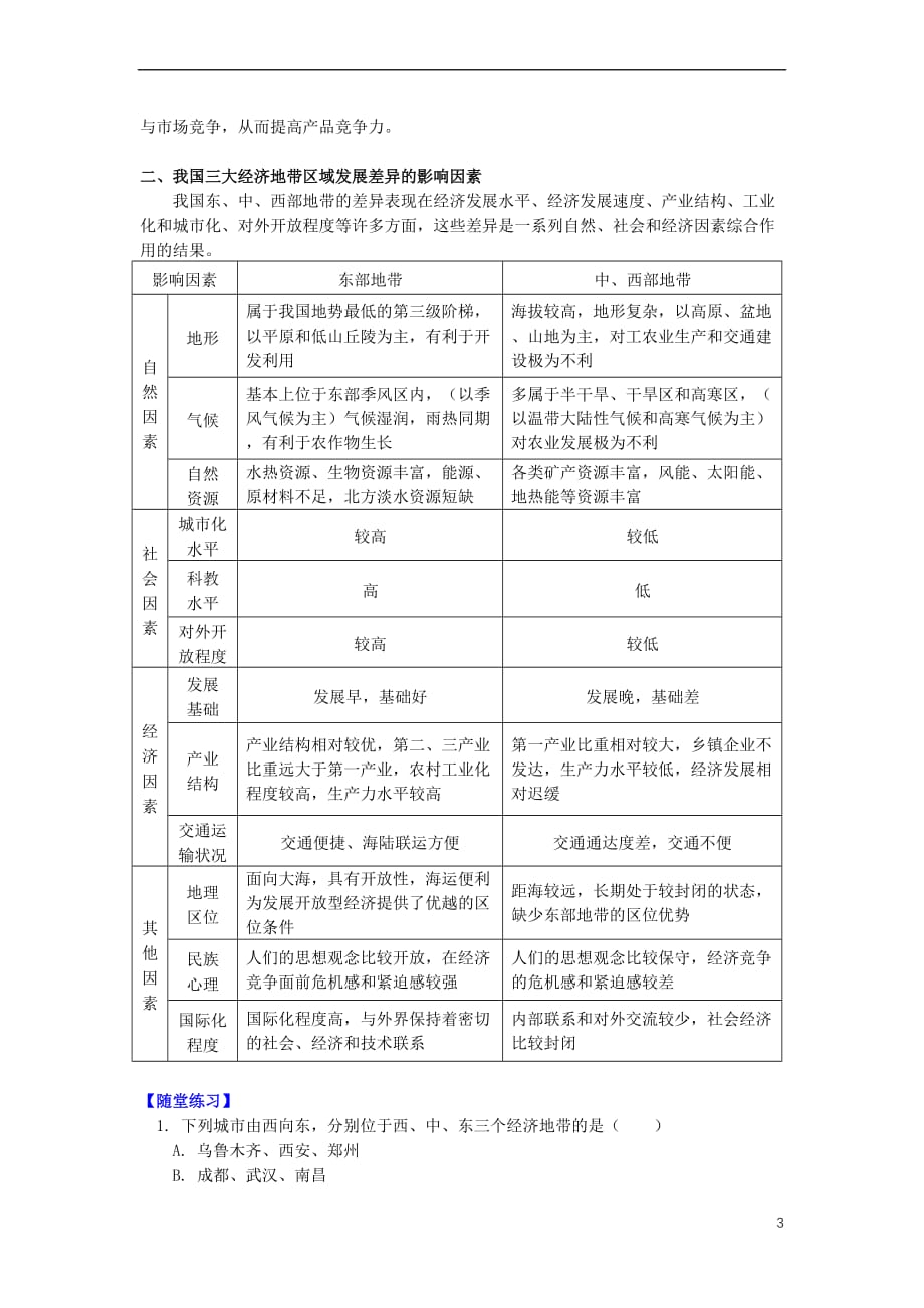 高中地理-第一章 区域地理环境与人类活动 第三节 区域发展差异 东、中、西部差异学案 湘教版必修3_第3页