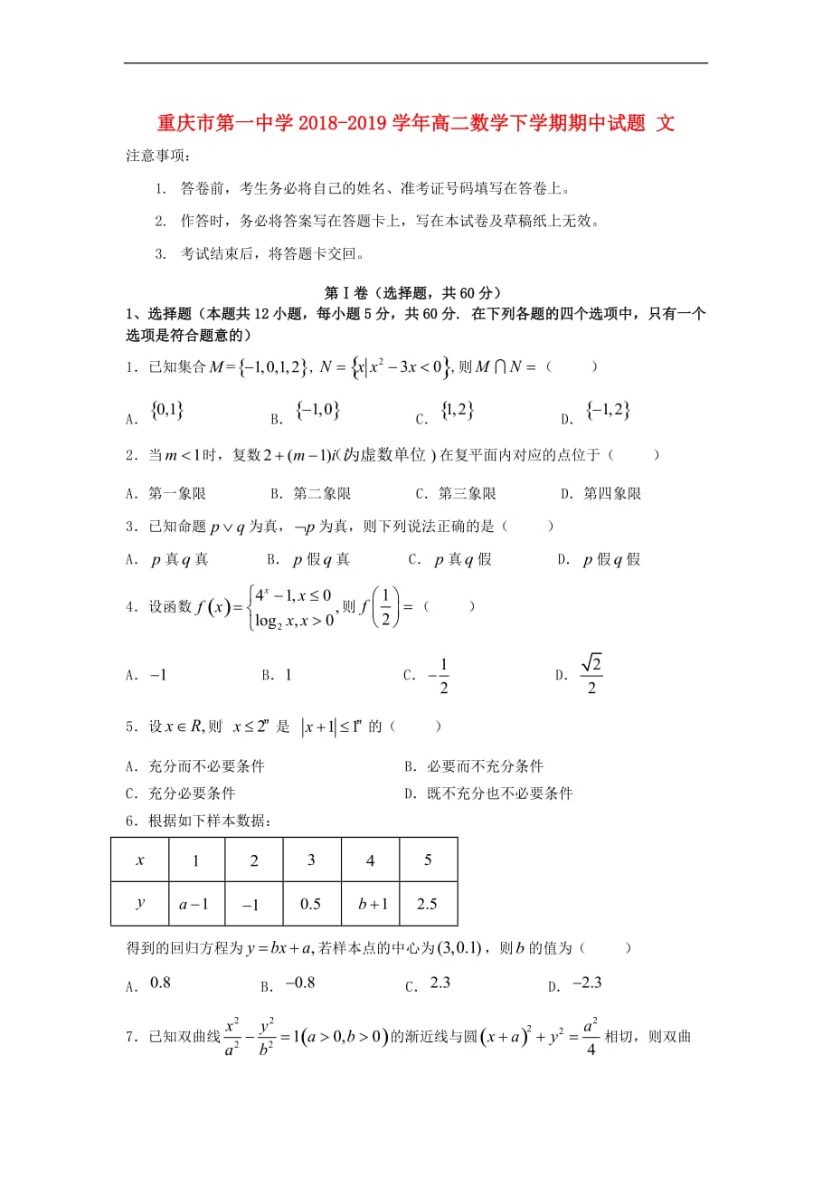 2018－2019学年高二数学下学期期中试题 文_第1页