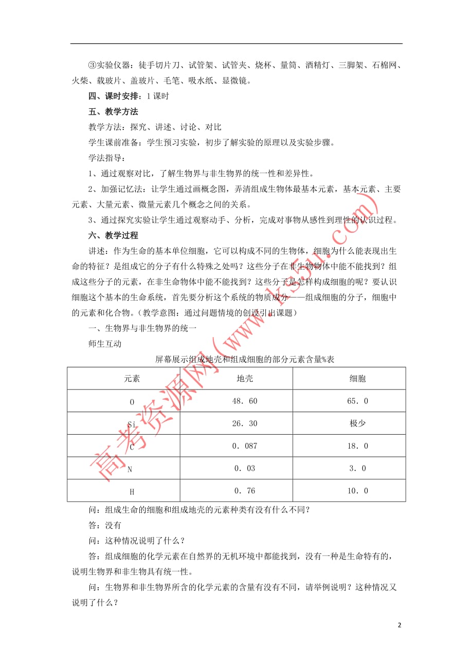 高中生物 第二章 组成细胞的分子 2.1 细胞中的元素和化合物教案2 新人教版必修1_第2页