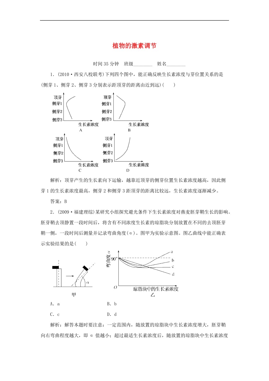 （临门一脚）高考生物三轮考前重点专题突破 每天35分钟必练 植物的激素调节试题_第1页