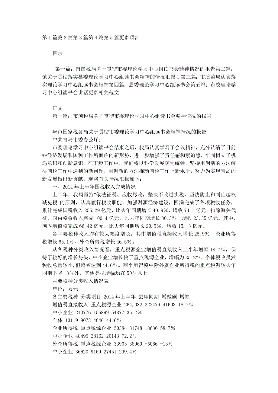 市国税局关于贯彻市委理论学习中心组读书会精神情况的报告(精选多 篇).docx_第1页