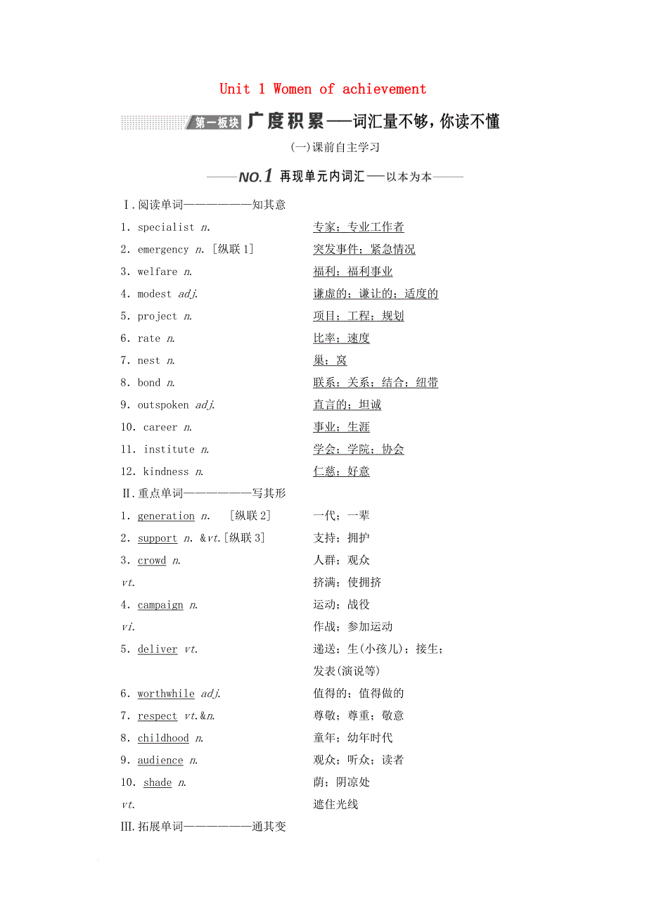 （新课改）2020高考英语一轮复习 Unit 1 Women of achievement学案（含解析）新人教版必修4_第1页