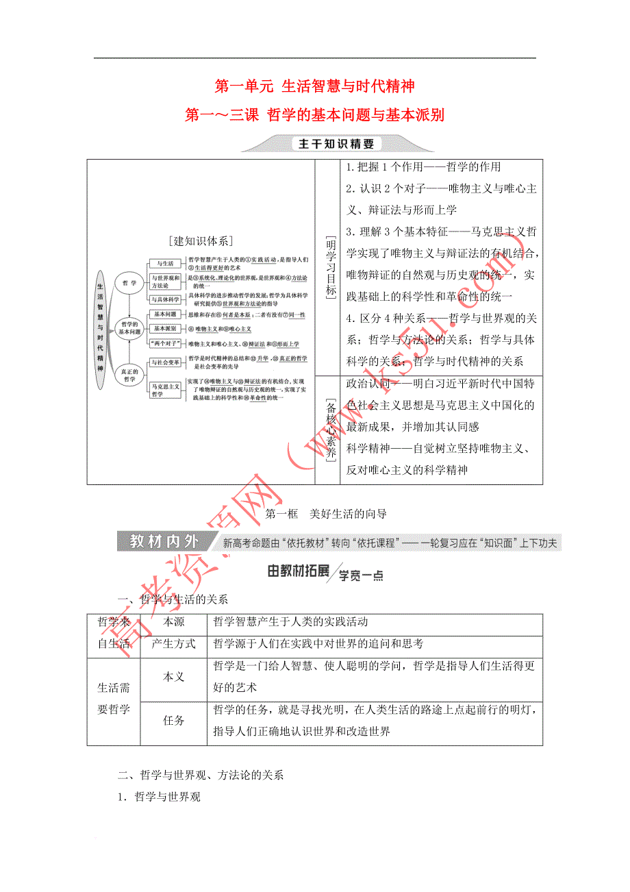 （新课改省份专用）2020版高考政治一轮复习 第一单元 第一～三课 哲学的基本问题与基本派别讲义 新人教版必修4_第1页