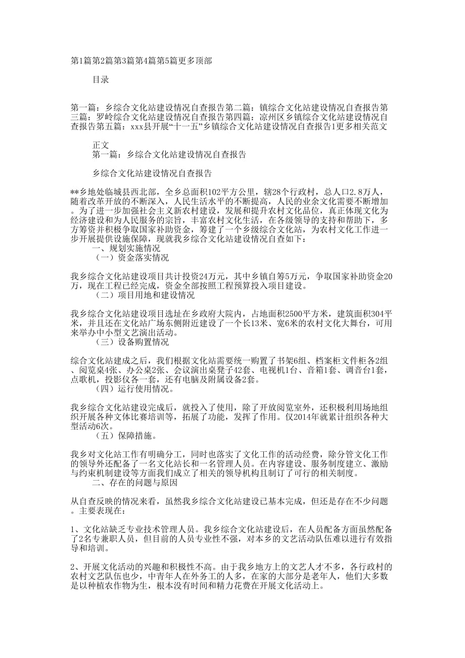 乡综合文化站建设情况自查 报告.docx_第1页