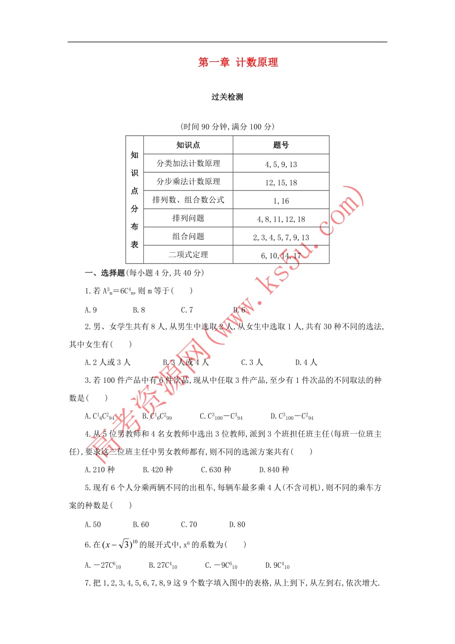 高中数学 第一章 计数原理单元测试 新人教A版选修2-3_第1页