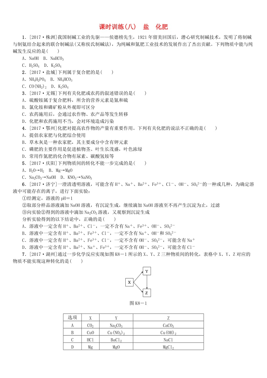 （山西专版）2018年中考化学复习方案 课时训练（八）盐 化肥_第1页