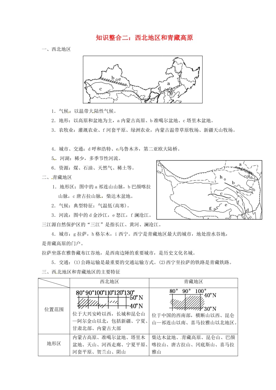 陕西省西安市中考地理-专题四 中国地理 第二讲 中国地理分区 知识整合二 西北地区和青藏高原讲义 中图版_第1页