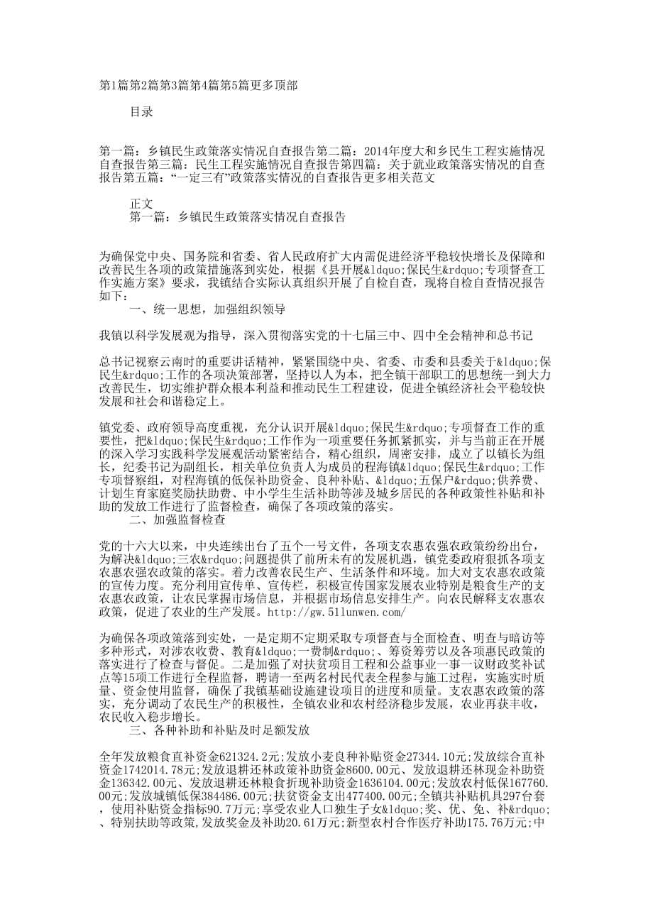 乡镇民生政策落实情况自查 报告.docx_第1页