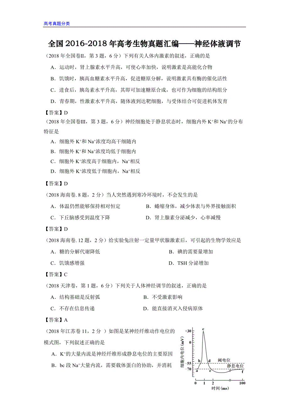 全国2016-2018年高考生物真题汇编——神经-体液调节_第1页