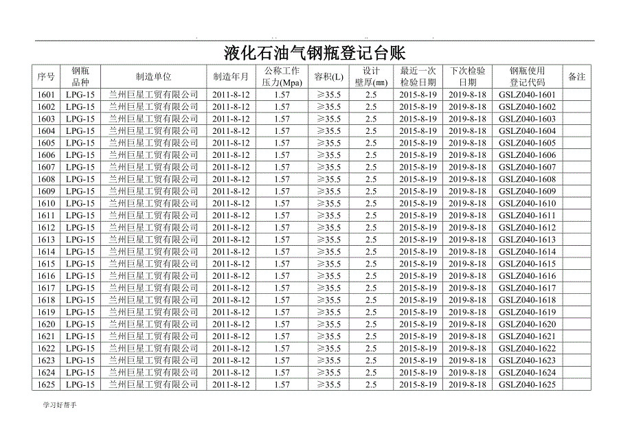 液化石油气钢瓶登记台账_第1页