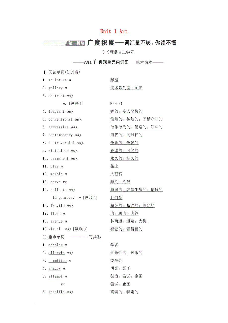 （新课改）2020高考英语一轮复习 Unit 1 Art学案（含解析）新人教版选修6_第1页