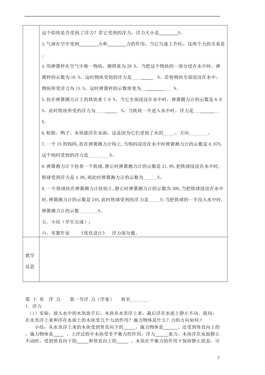 陕西省山阳县八年级物理下册 10.1浮力导学案2(无答案)（新版）新人教版_第2页