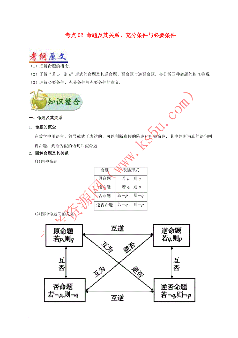 （全国通用）2018年高考数学 考点一遍过 专题02 命题及其关系、充分条件与必要条件（含解析）理_第1页