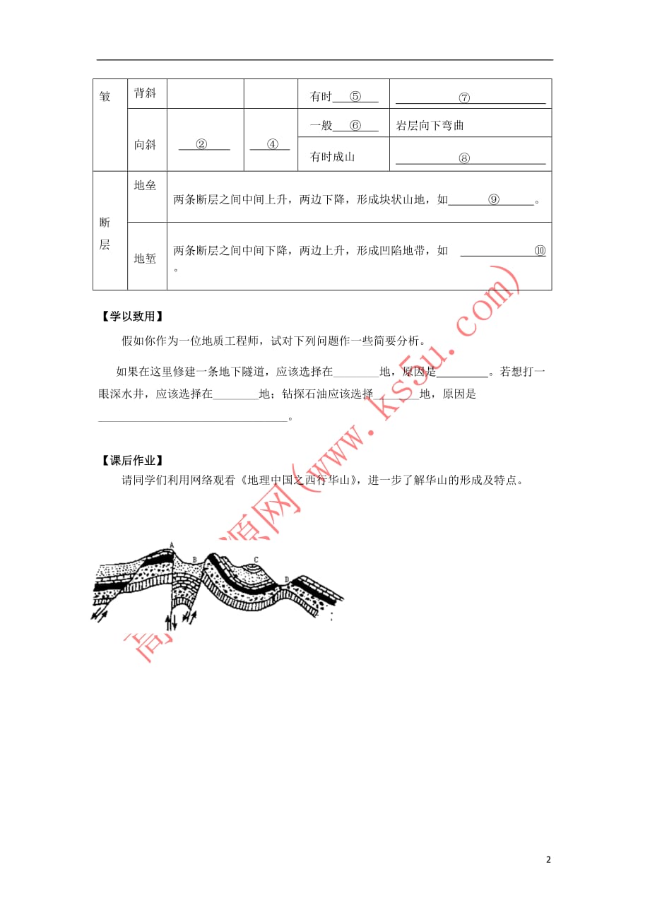 陕西省蓝田县高中地理-第二章 自然环境中的物质运动和能量交换 第二节 地球表面形态导学案2 湘教版必修1_第2页