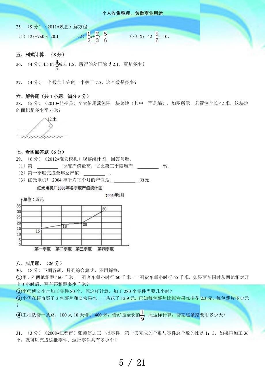 人教版小学六年级小升初数学模拟考试_第5页