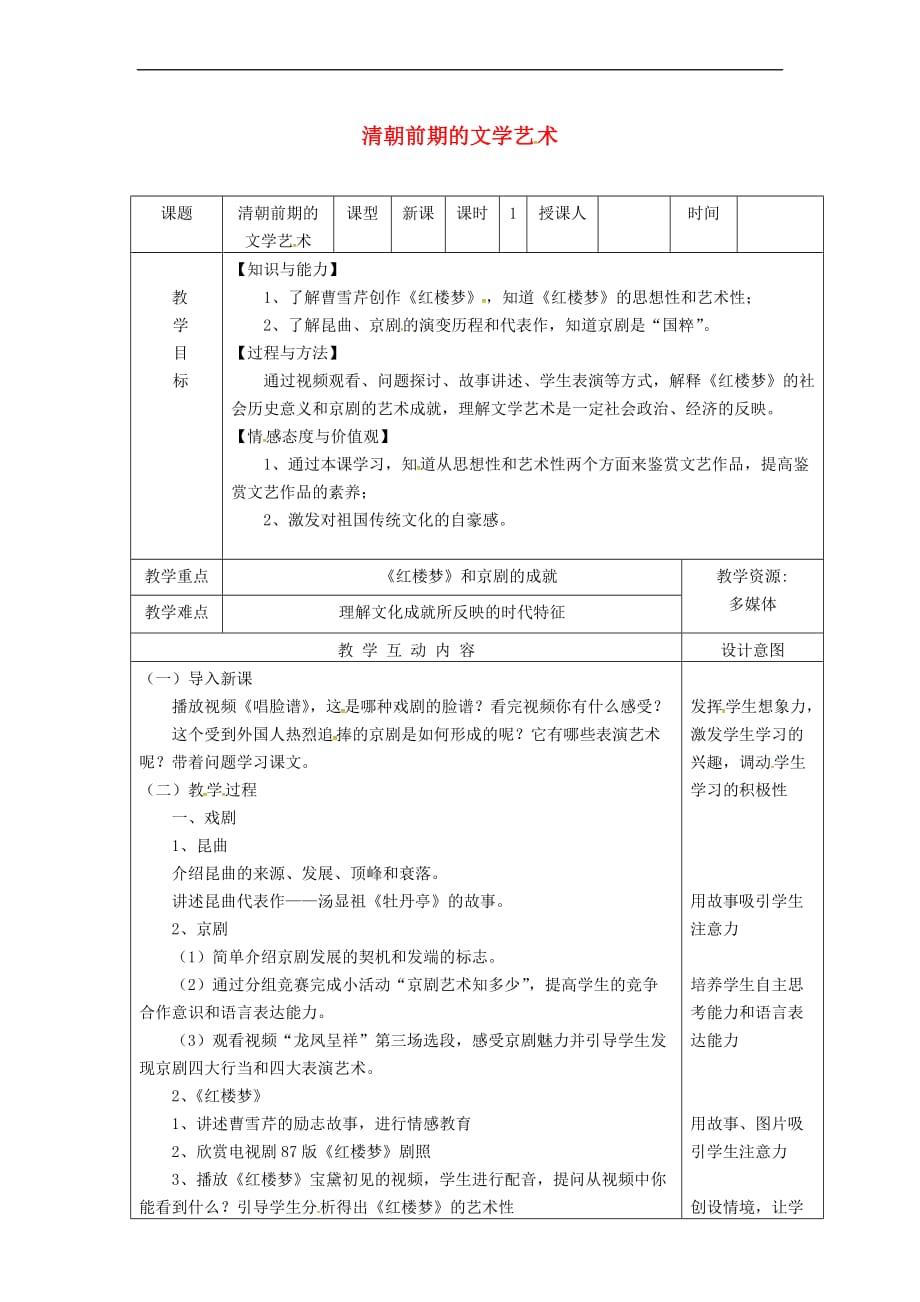 （2016年秋季版）福建省永安市七年级历史下册 第21课 清朝前期的文学艺术教案 新人教版_第1页