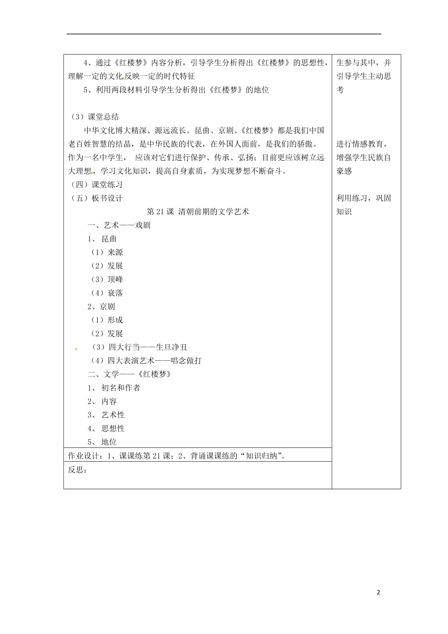 （2016年秋季版）福建省永安市七年级历史下册 第21课 清朝前期的文学艺术教案 新人教版_第2页