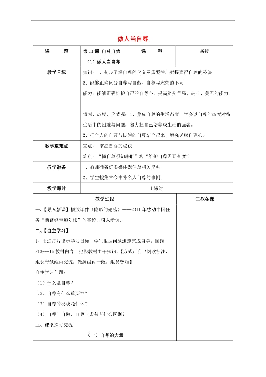 （2016年秋季版）七年级道德与法治下册 第四单元 体悟生命价值 第11课 自尊自信 第1框 做人当自尊教学设计 苏教版_第1页