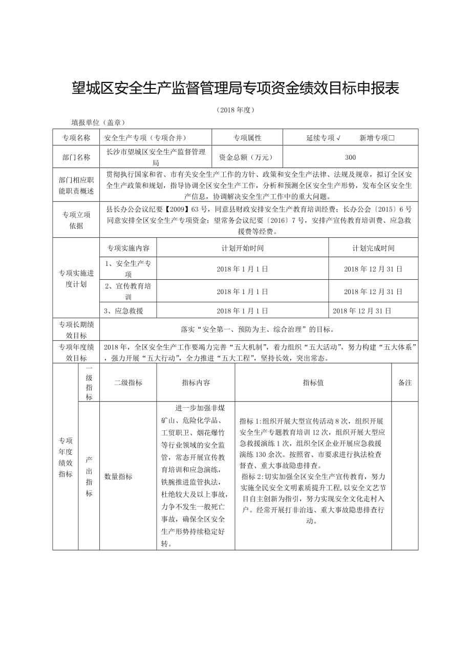 望城区安全生产监督管理局专项资金绩效目标申报表_第1页