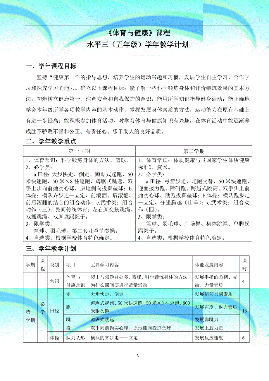 体育五年级、学期及单元计划_第3页