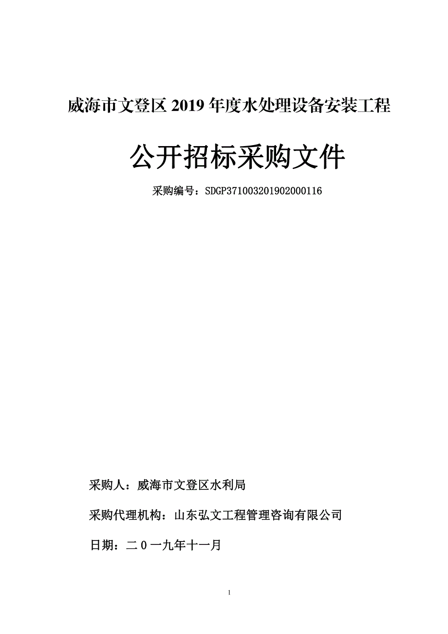 威海市文登区2019年度水处理设备安装工程公开招标采购文件_第1页