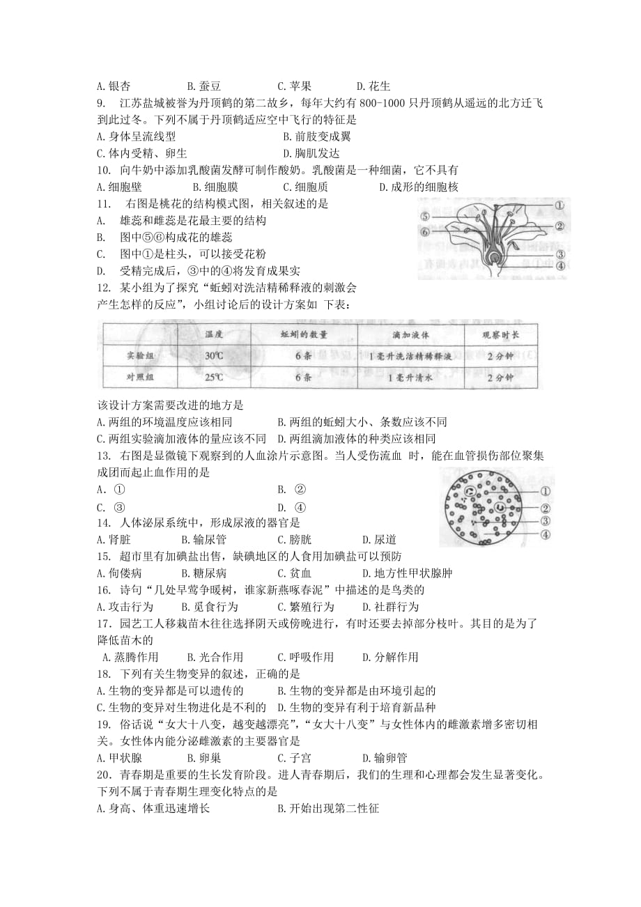 2019届南通市初中学业水平测试生物试题及标准答案_第2页