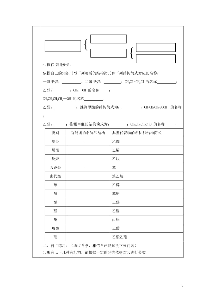 2019高中化学-第一章-认识有机化合物-1.1-有机化合物的分类导学案(无标准答案)新人教版选修5_第2页