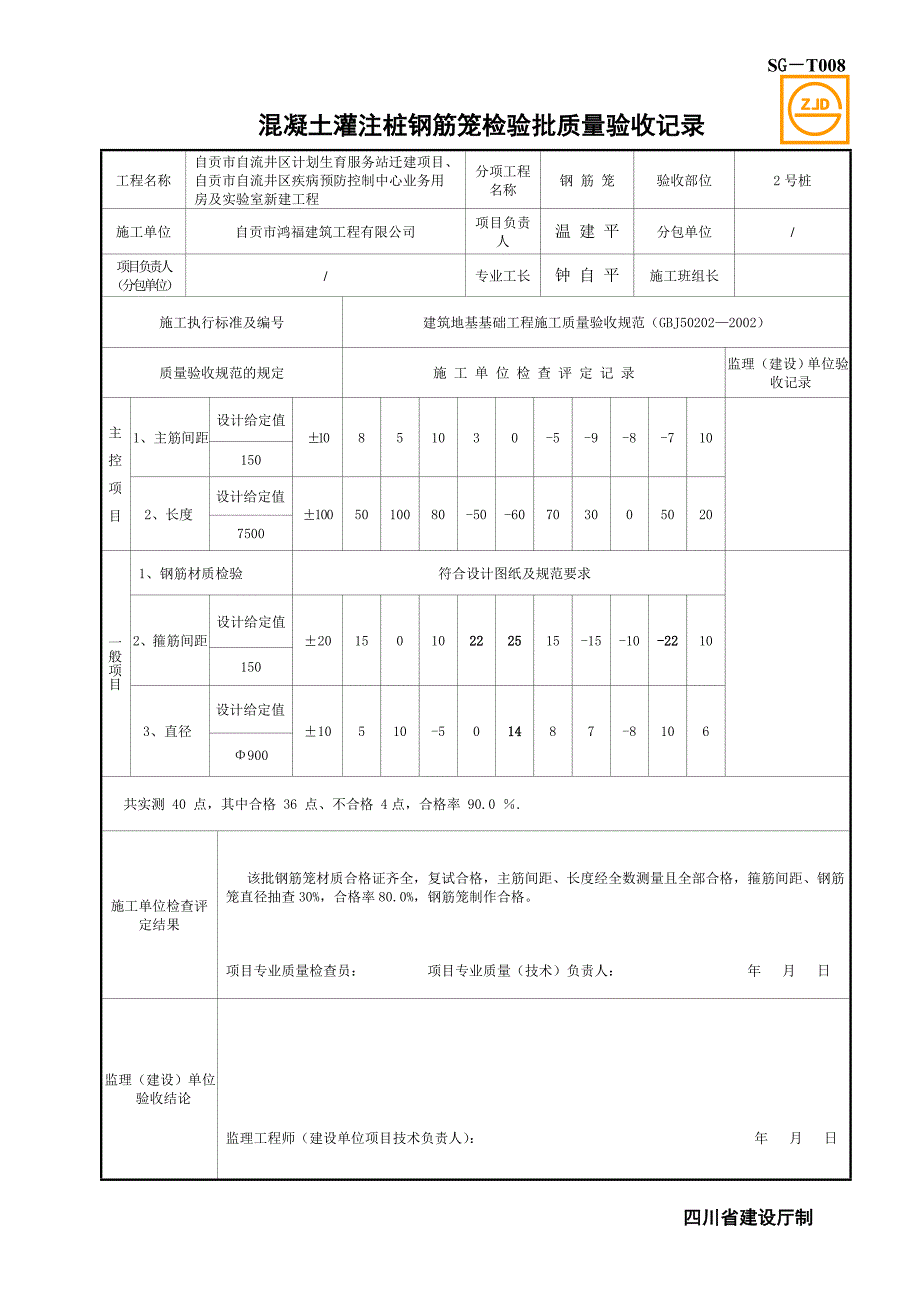 SG-T008混凝土灌注桩钢筋笼检验批质量验收记录_第2页