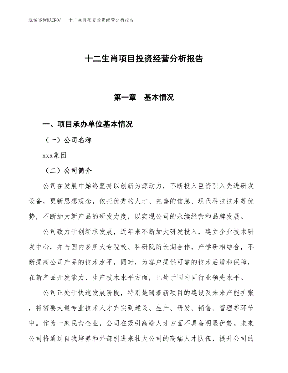 十二生肖项目投资经营分析报告模板.docx_第1页