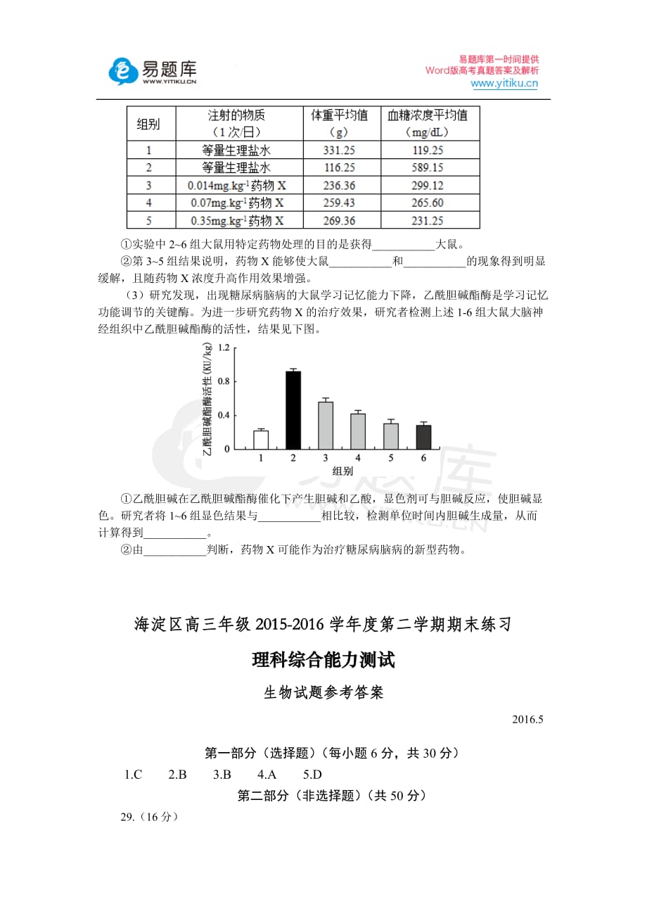 2016年北京市海淀区高三二模生物试题含标准答案_第4页