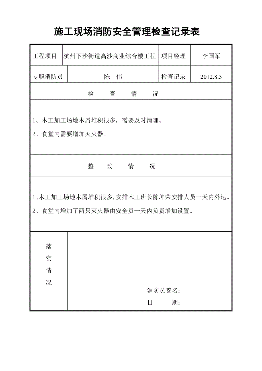 施工现场消防安全管理检查记录表综述_第1页