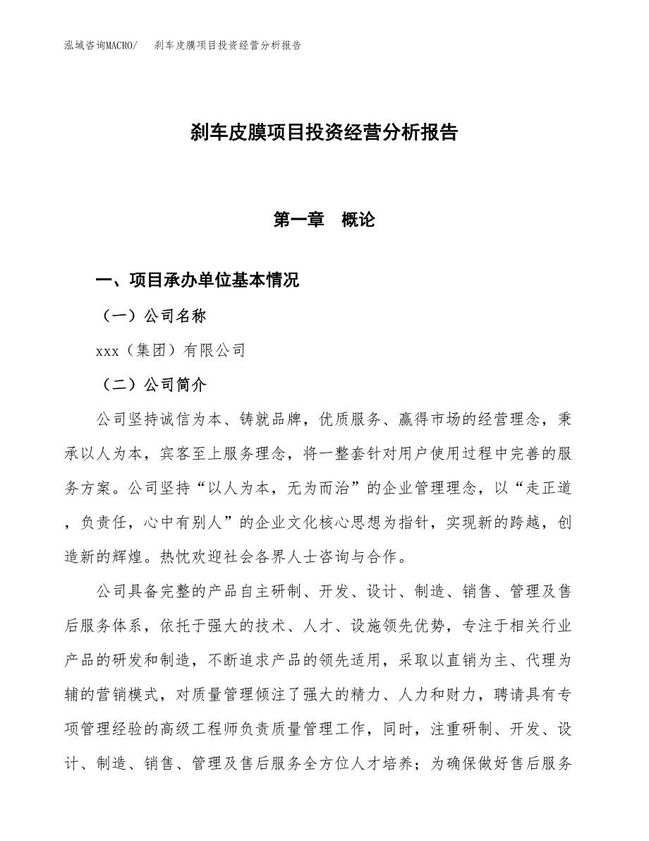 刹车皮膜项目投资经营分析报告模板.docx_第1页