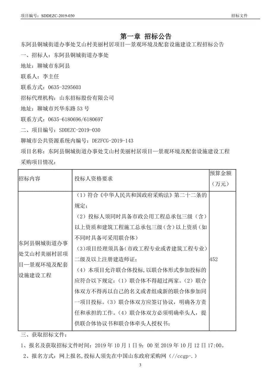 东阿县铜城街道办事处艾山村美丽村居项目―景观环境及配套设施建设工程招标文件_第3页