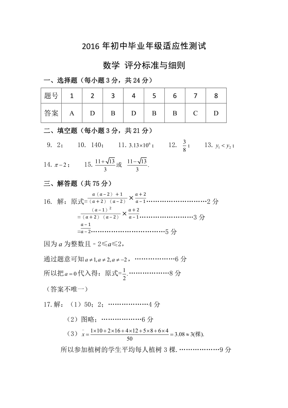 2016年郑州市第二次质量预测数学标准答案_第1页