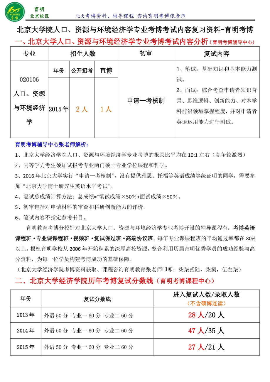 北京大学经济学院人口、资源与环境经济学专业考博复习资料育明考博_第1页